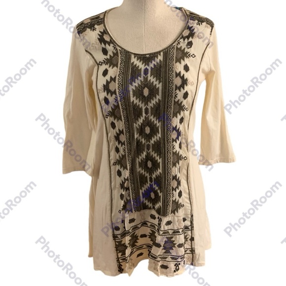 Johnny Was, Small, Embroidery 3/4 Sleeve Beige Aztec Blouse - Picture 1 of 10